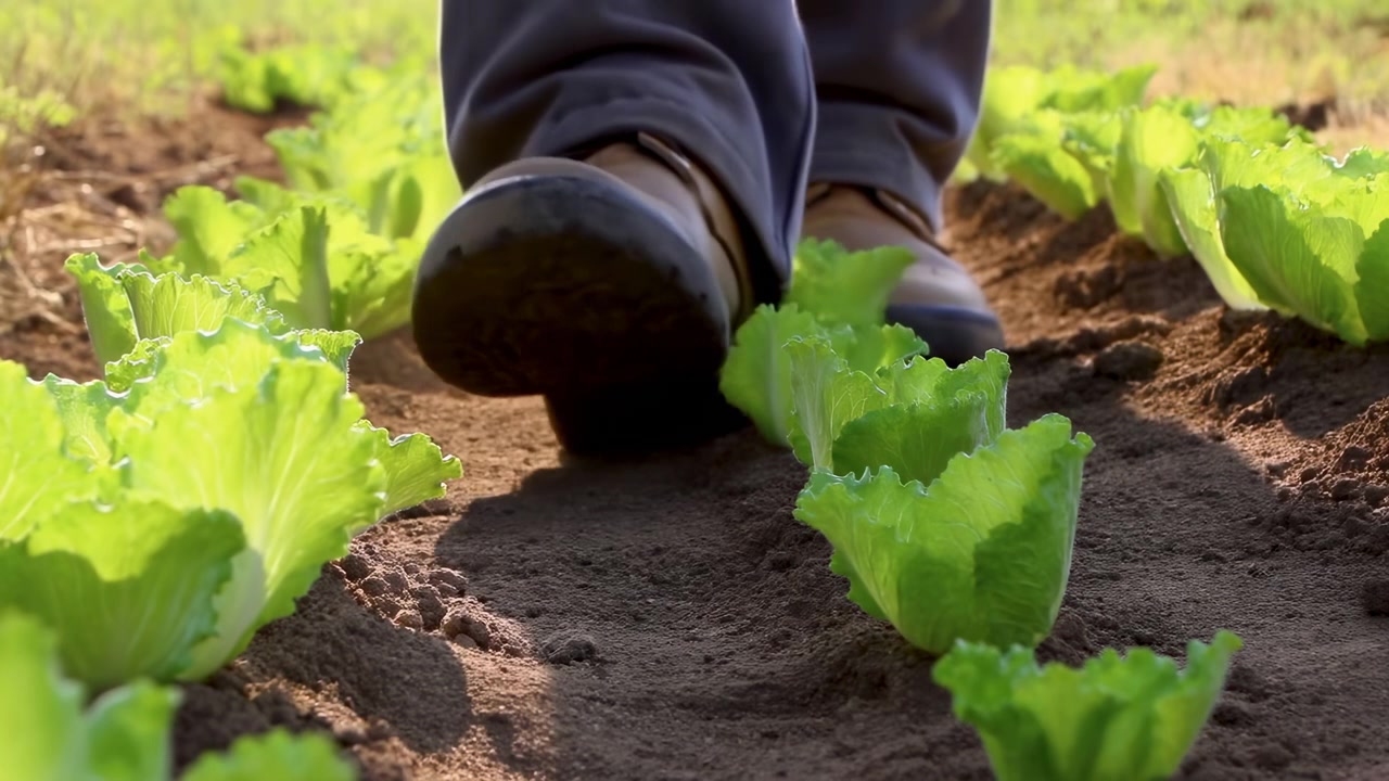 Una persona con gli stivali cammina lungo un sentiero sterrato tra rigogliose file di lattuga verde in un campo agricolo luminoso, con la luce naturale del giorno che evidenzia il raccolto sano.