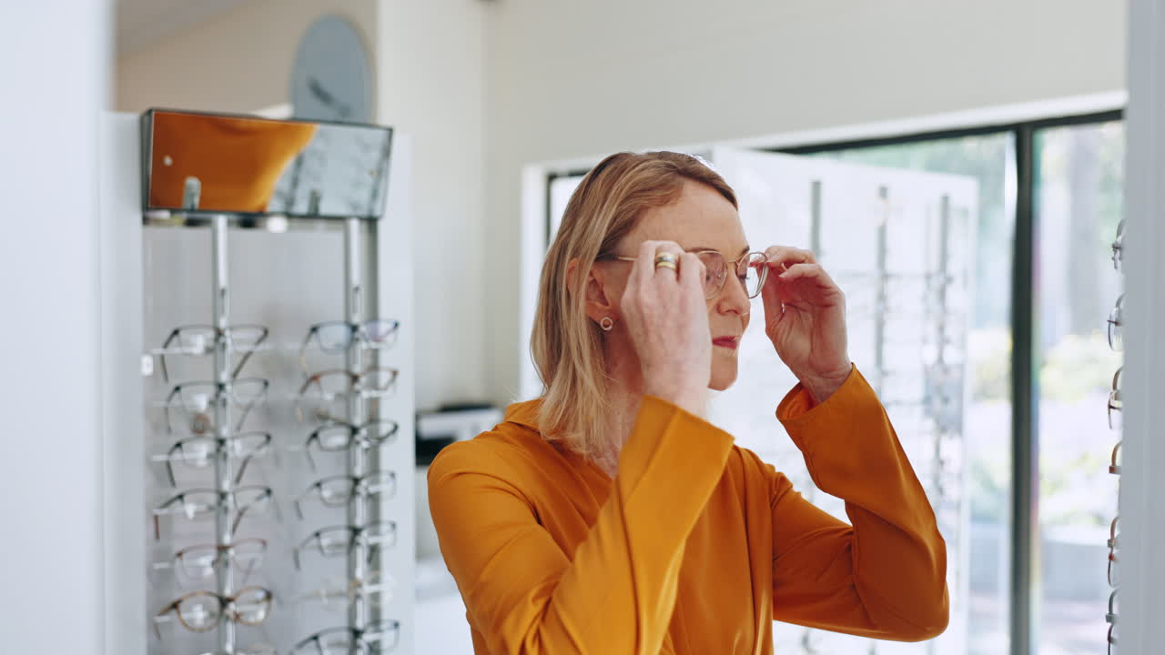 Vision, smile and woman shopping for glasses