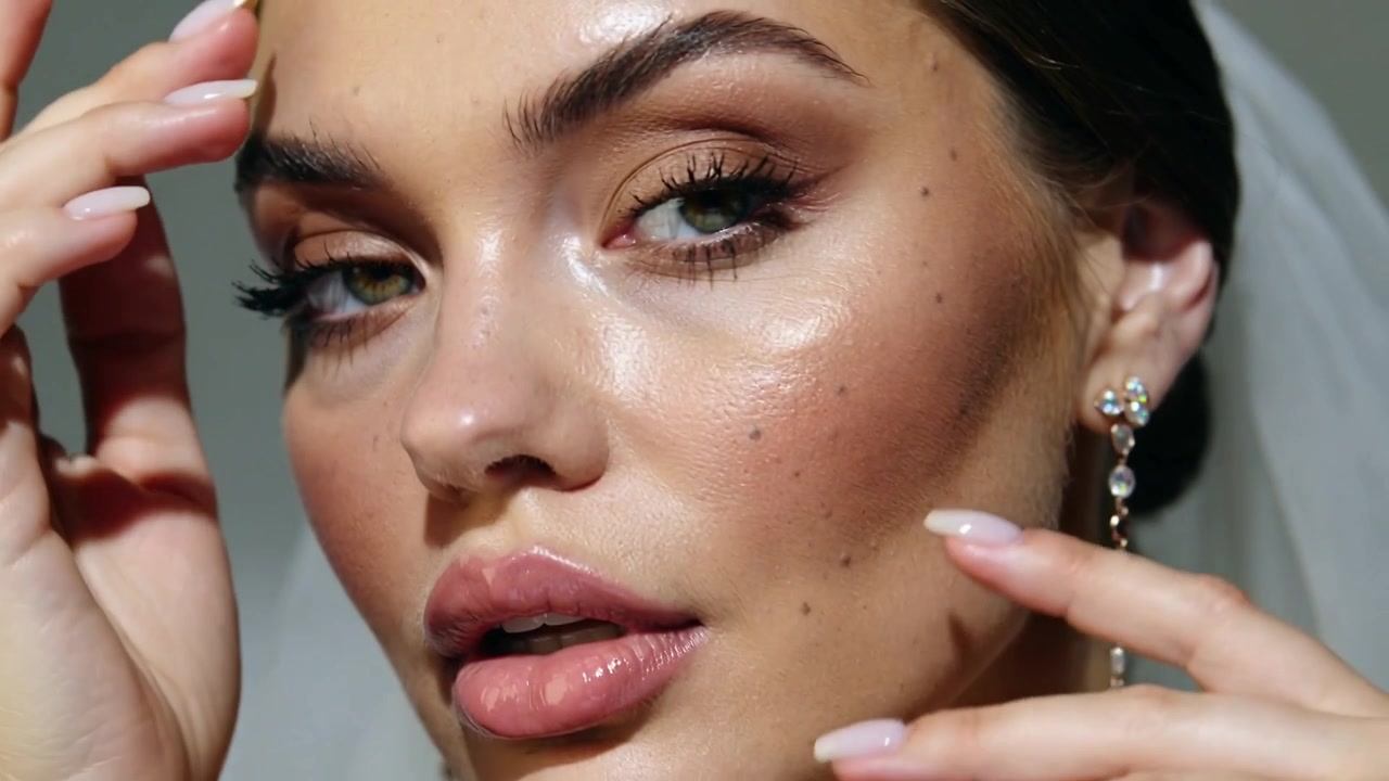 Una sposa si sistema, toccandosi il viso e l'orecchino, mentre la telecamera si allontana in studio, mostrando il trucco.