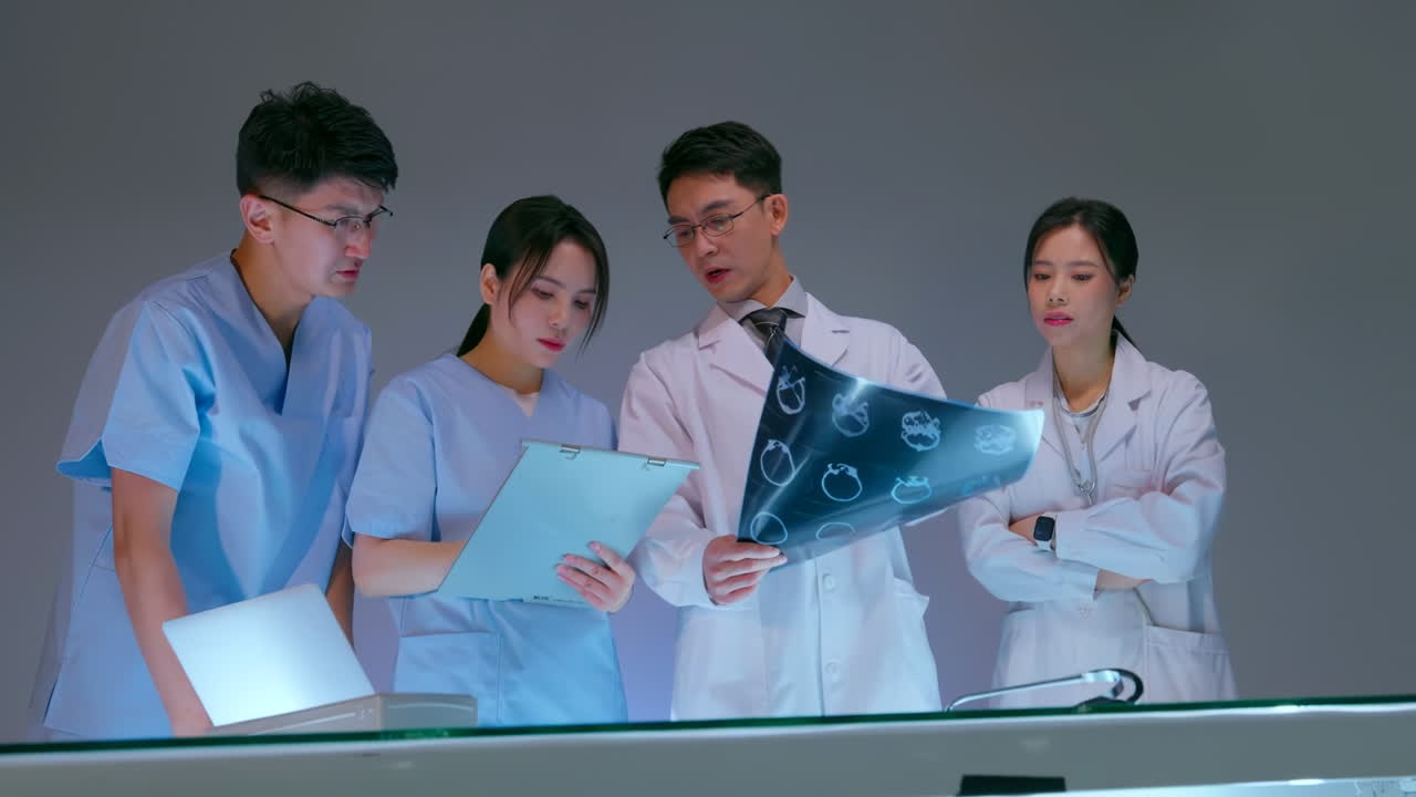 Expert doctor nurse in uniform holding clipboard explaining diagnosis of patient in front of experts during seminar. Clinic therapist talking with colleagues about disease medicine healthcare