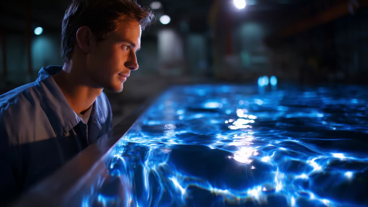 A Young Man Gazes Intently at the Reflective Surface of a Swimming Pool, Illuminated by Soft Blue Light in a Dimly Lit Indoor Space, Capturing a Moment of Contemplation and Serene Beauty