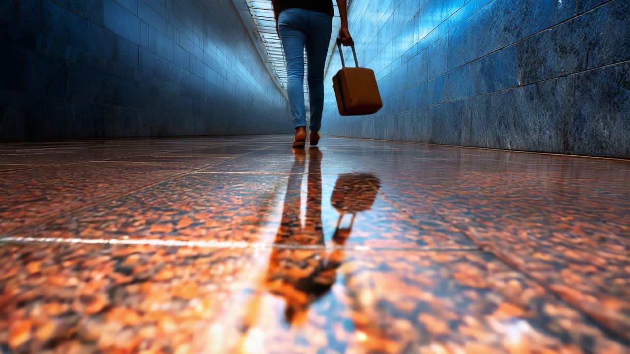 A solitary figure walks through a modern corridor, reflecting on the polished floor, with a suitcase in hand, embodying a sense of journey and exploration in an urban environment