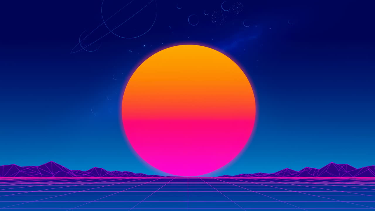 Tramonto Retrowave con Griglia al Neon e Montagne
