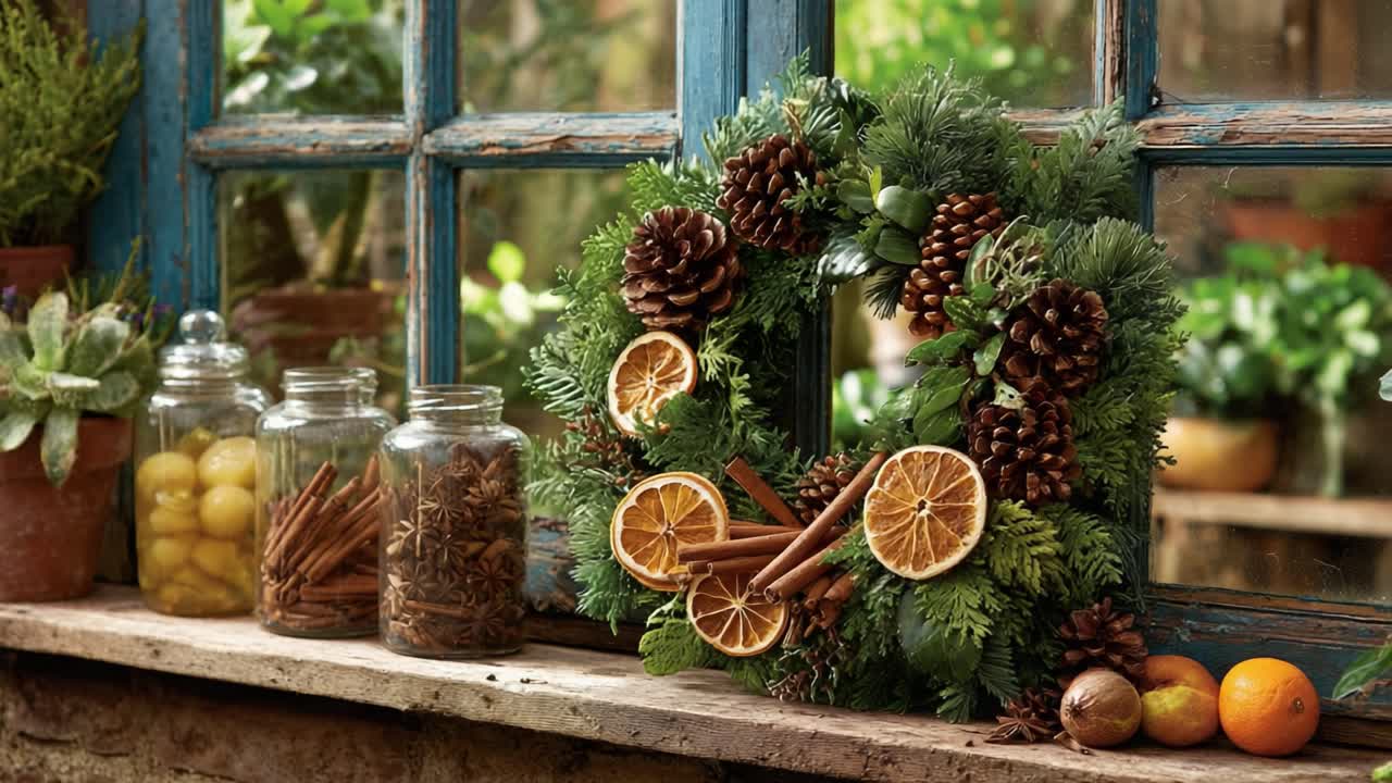 A Beautifully Decorated Wreath Made of Pine Cones, Dried Oranges, and Cinnamon Sticks, Perfectly Arranged on a Rustic Windowsill Surrounded by Jars of Spices and Natural Elements