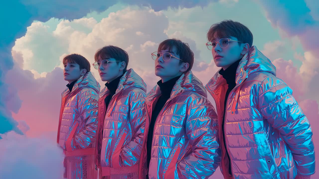 ピンクと青の雲を背景に、虹色のジャケットを着た4人の男性モデルが視線を合わせている様子。