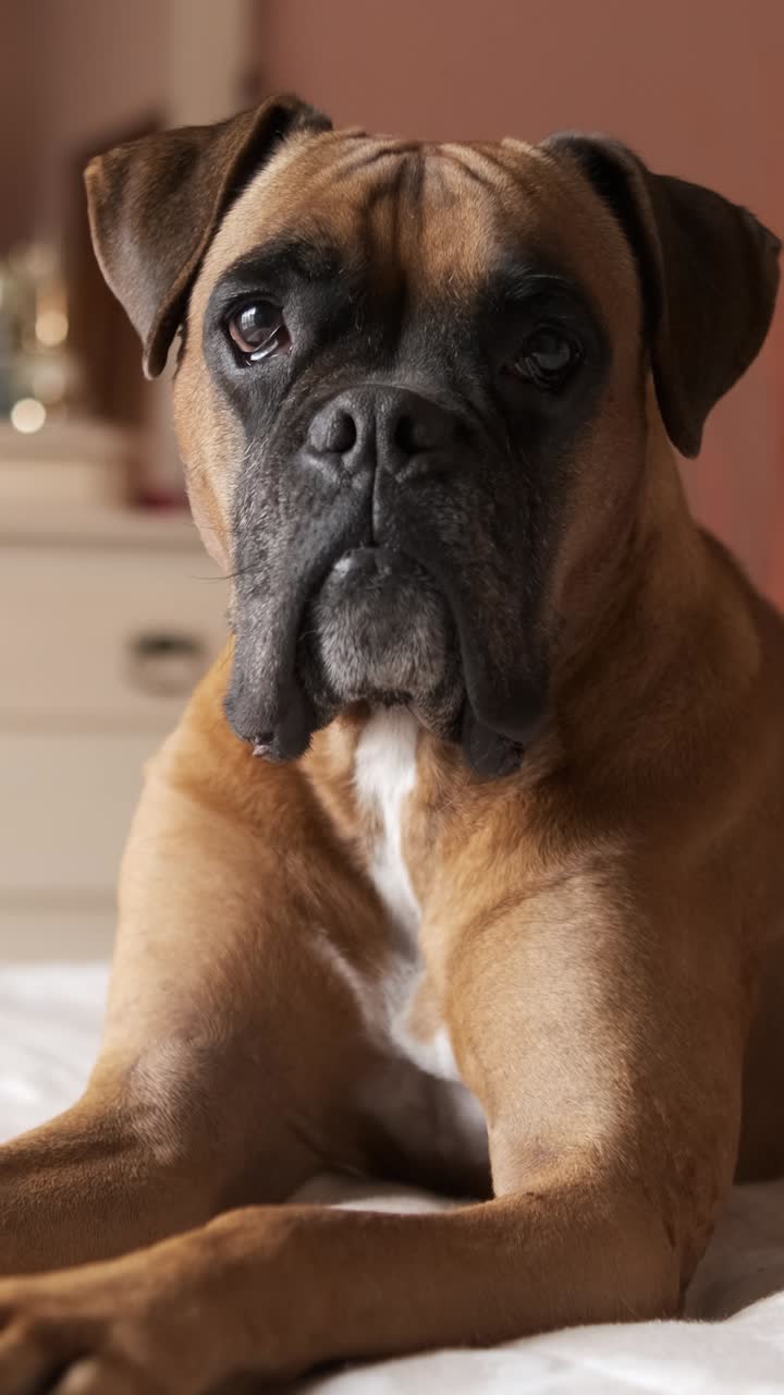 Cute boxer dog lying on belly over bed in cozy room. Vertical footage
