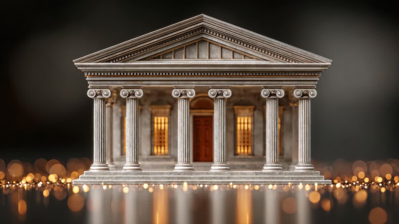 Elegantly Crafted Architectural Model of a Classic Building with Columns and Warm Lighting Highlighting Its Grand Entrance