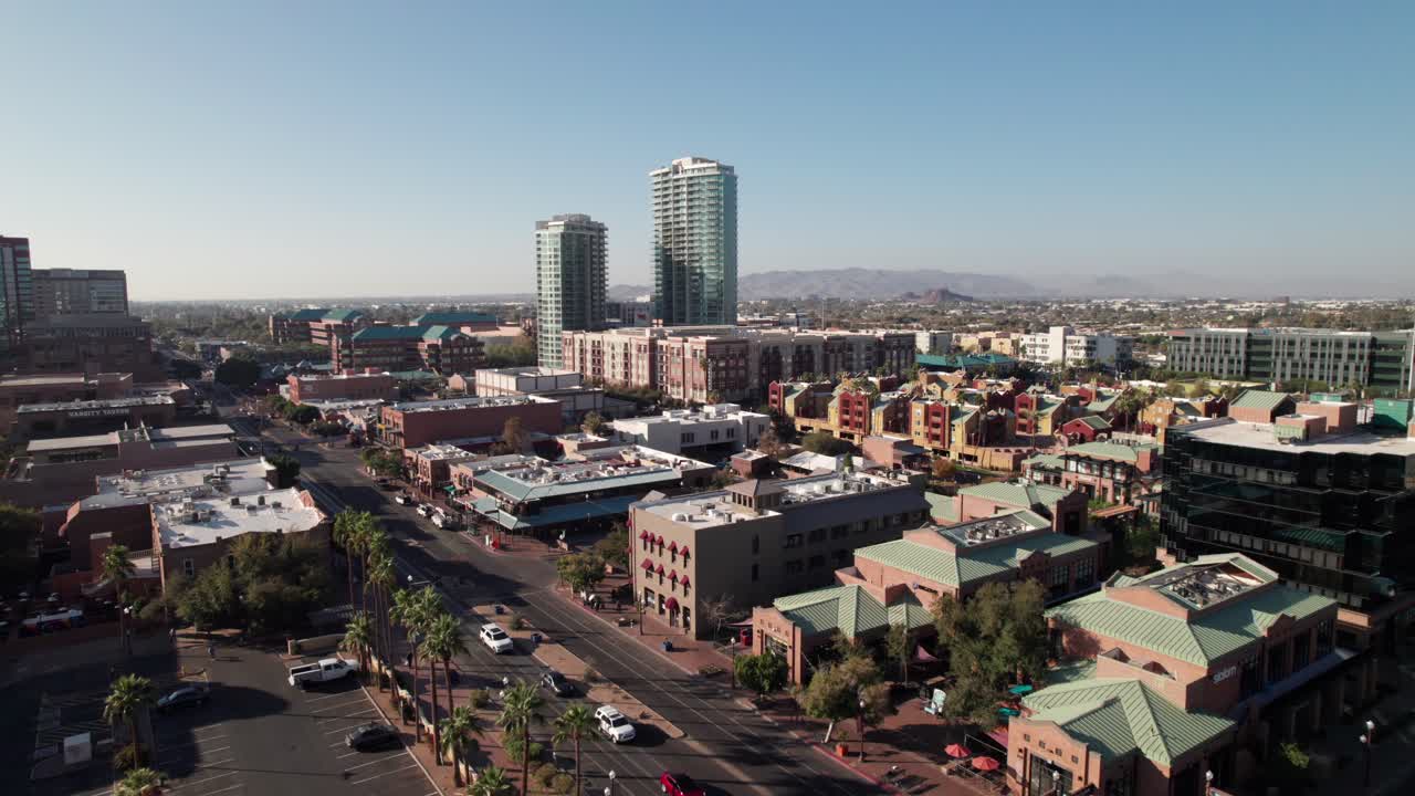 Historic Mill Avenue District in Tempe, Arizona, 4K drone shot