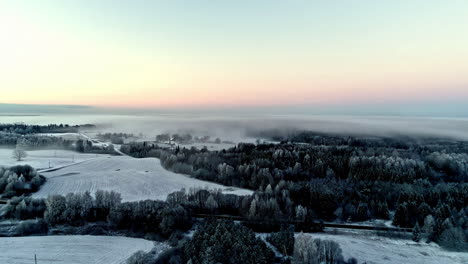 flying over a rural winter, snowy landscape with low-lying fog in the frosty evergreen forest