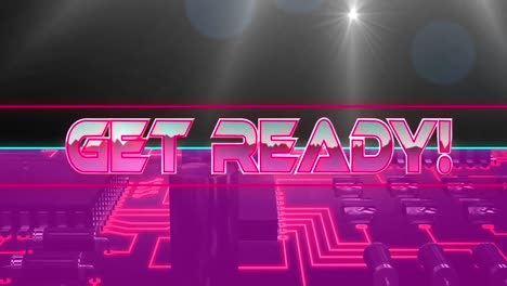 Animation-of-get-ready-in-pink-metallic-letters-over-computer-circuit-board-on-pink-background