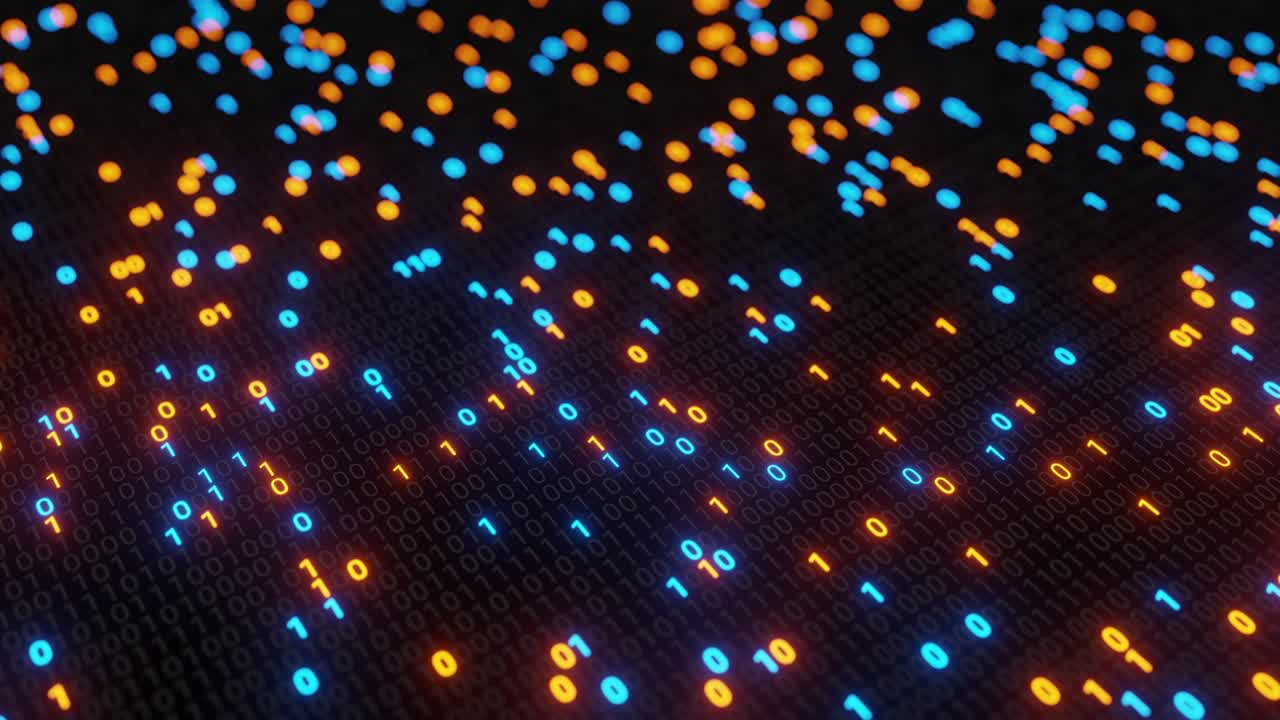 abstract sin costuras azul y naranja código digital binario matriz fondo vj bucle con llamarada.