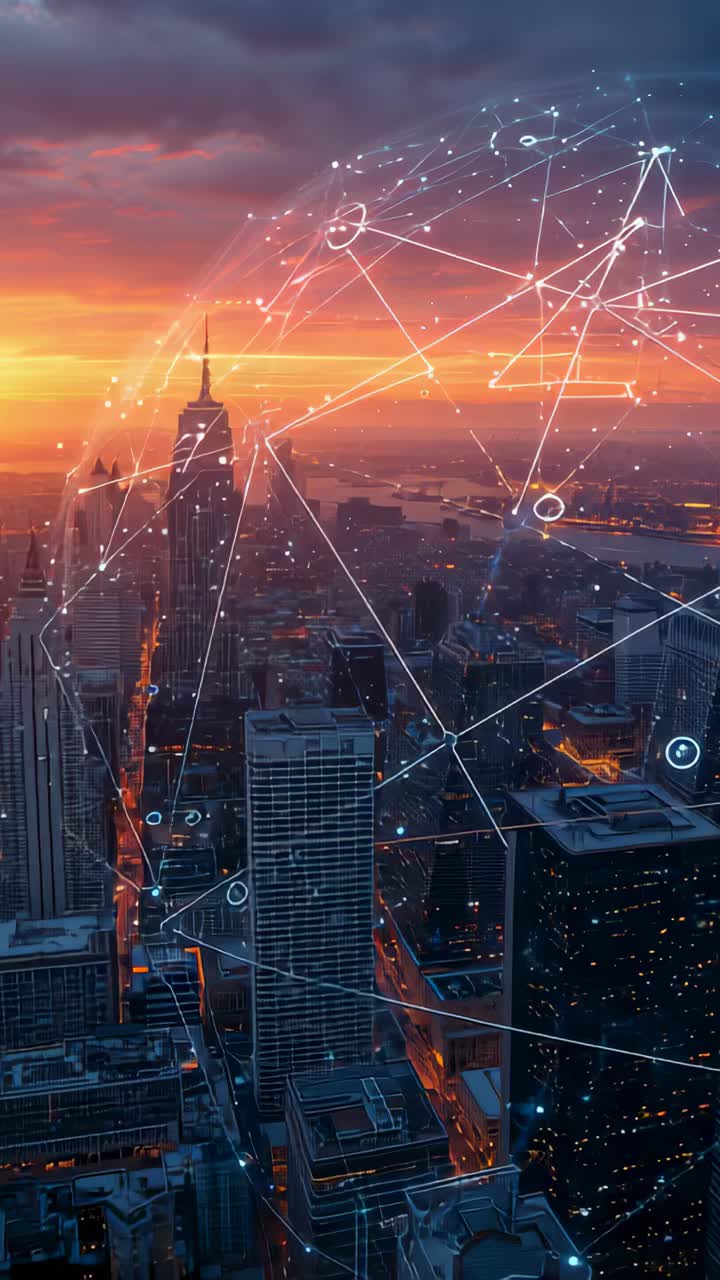 Vertical video: Animating data grid over city towers, streets as sunset deepening linking bay nodes