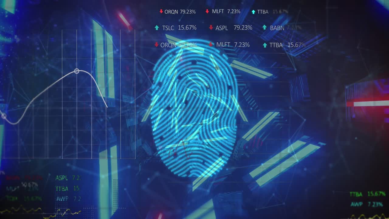 animación de huellas digitales y cerraduras sobre luces de neón y procesamiento de datos sobre fondo negro