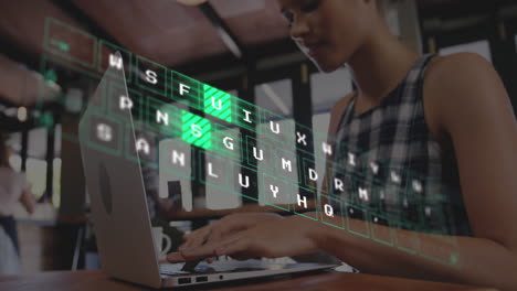 Animation-of-illuminated-pattern-on-keyboard-over-caucasian-woman-working-on-laptop-in-cafes