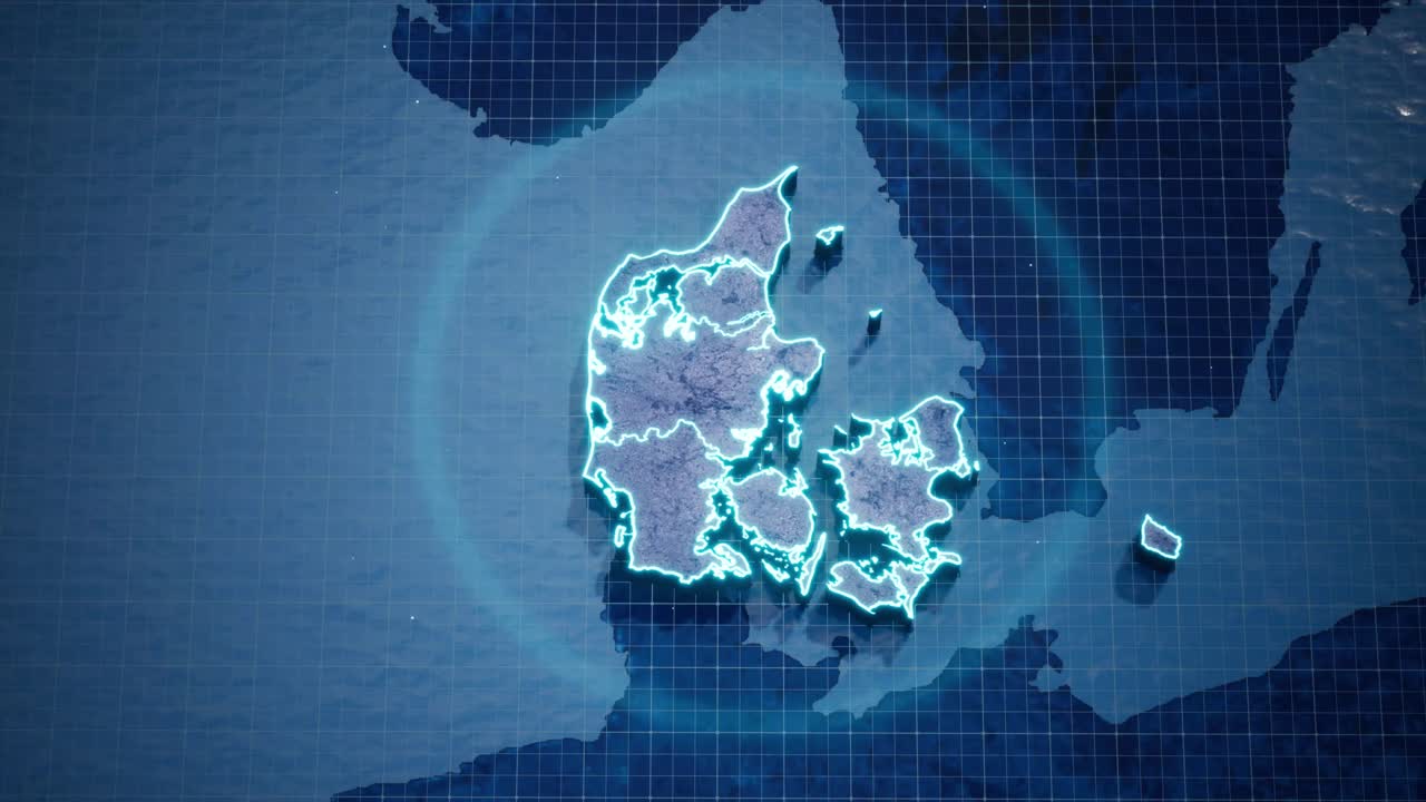 낙서, 파란색 네온 스타일로 테두리가 있는 덴마크의 추상 기하학적 미래형 개념 3d 지도