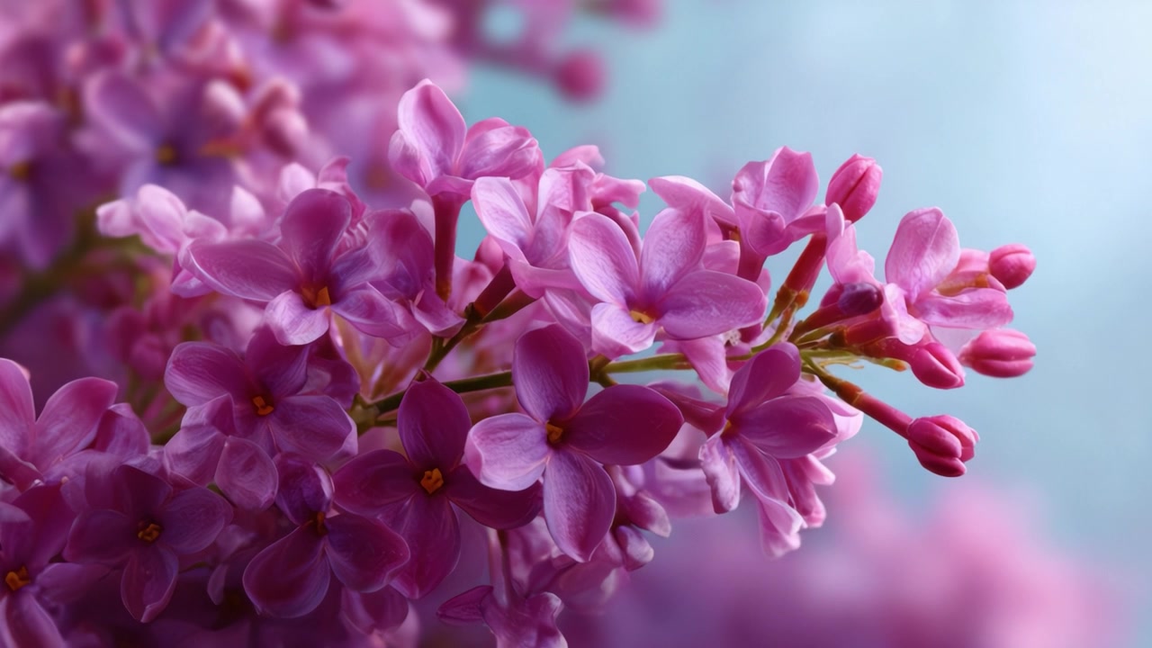 Close-Up Menakjubkan Bunga Lilac Indah dengan Fokus Lembut dan Latar Belakang Biru Tenang, dengan Sempurna Menangkap Warna dan Tekstur Halus Alam