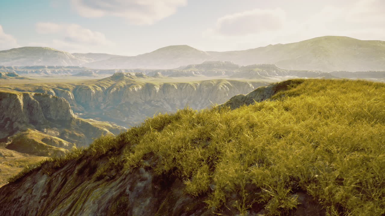 Scenic landscape with rolling hills and vibrant grass under soft sunlight