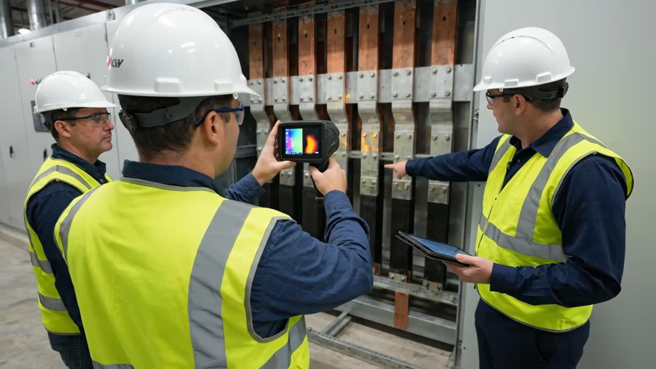 Engineers Inspecting Electrical Busbars with Thermal Imaging Camera