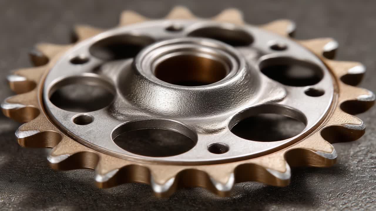Detailed Close-Up of a Metallic Gear with Circular Holes and Curved Edges on a Textured Surface, Showcasing Industrial Design and Precision Engineering
