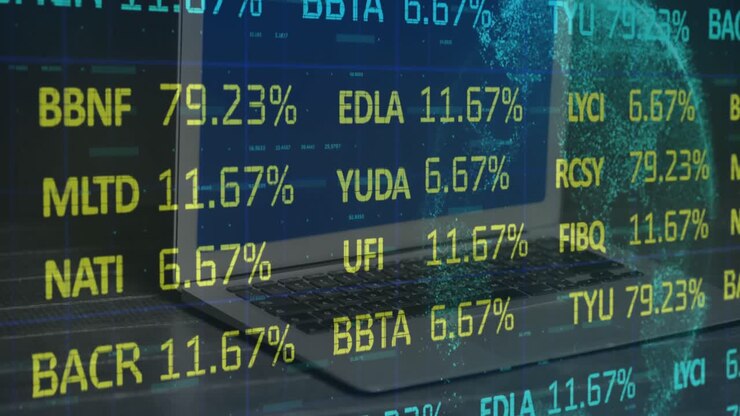Animation of financial data processing with globe over laptop