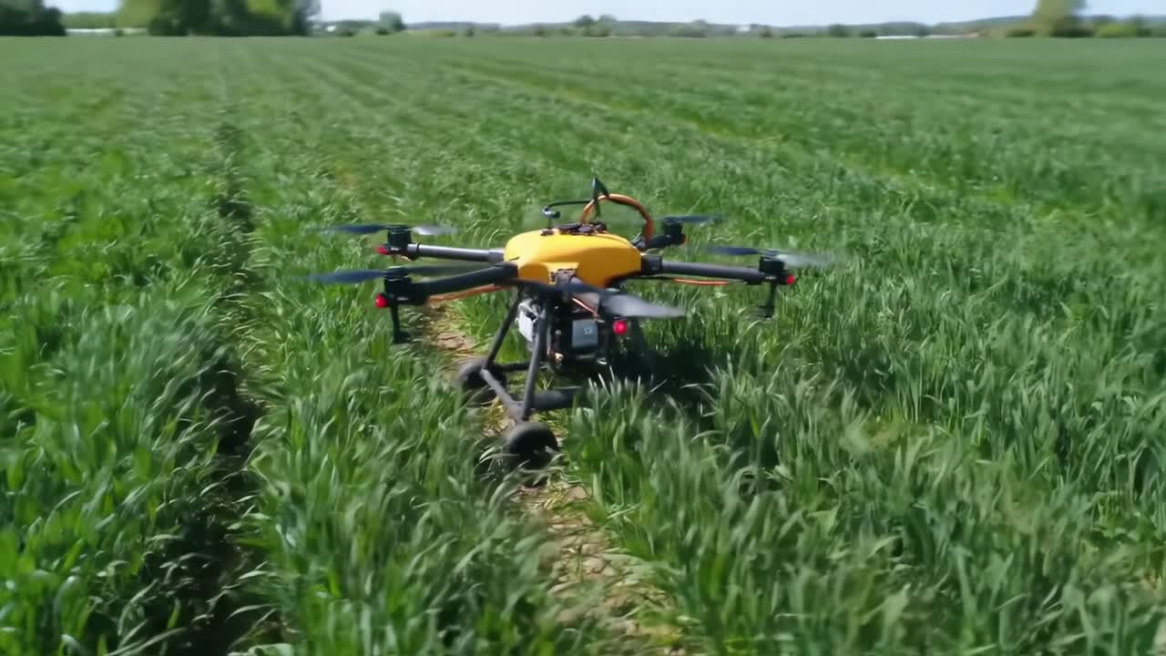 A Drone Navigating Through Lush Green Fields: Capturing Precision Agriculture Technology in Action for Enhanced Crop Monitoring and Analysis