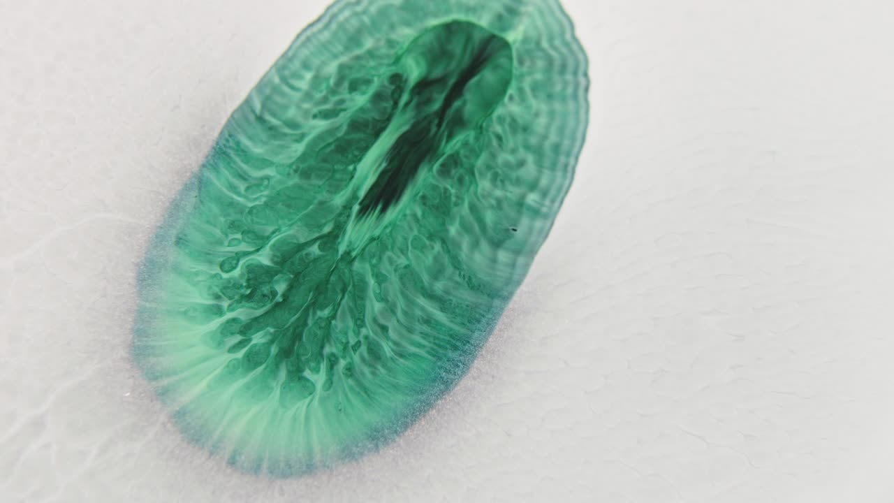 고해상도 매크로 에서 포착된 물 속의 초록색 잉크, 생물학적 구조나 이국적인 식물과 비슷합니다.