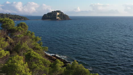 Isla-En-El-Mar-Mediterráneo-Fort-De-Bregançon-Con-Pinos-En-Primer-Plano