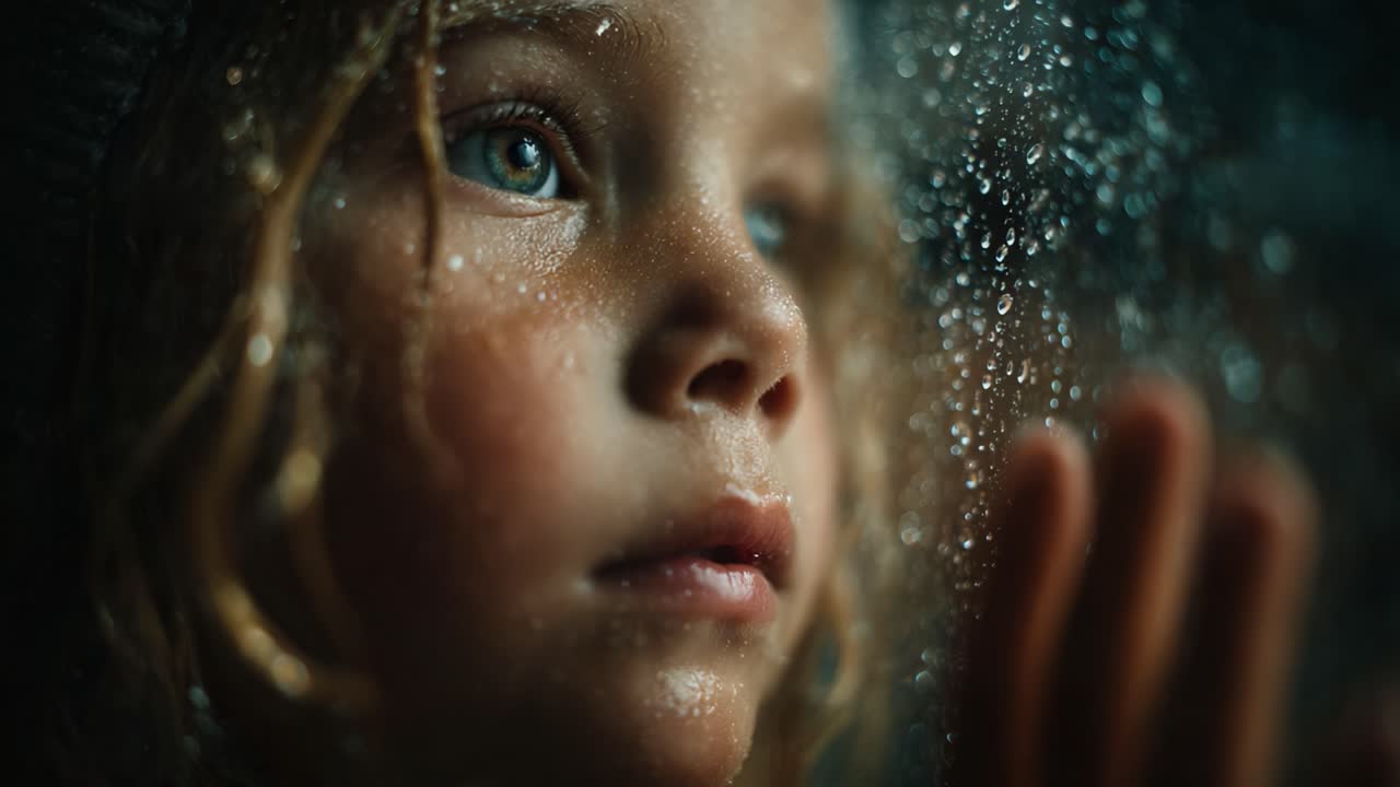 A Contemplative Child Gazes Through Raindrop-Laden Glass, Capturing the Essence of Innocence and Reflection Amidst a Rainy Day's Emotion