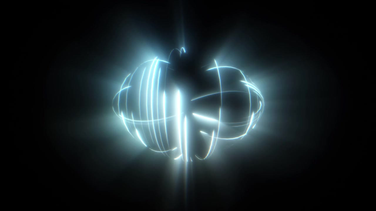 Lunghe particelle blu con raggi di luce che emettono e si ripiegano verso l'interno, creando un'orbita luminosa distorta su sfondo nero. Usare le modalità di fusione Add, Screen per la sovrapposizione.
