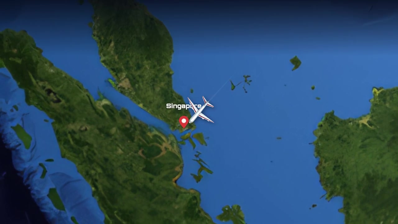 Satellite map animation tracks a commercial airplane flying across the Pacific Ocean to Singapore