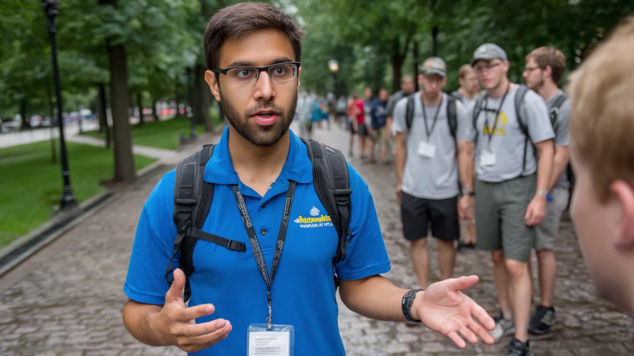 A participant engages in a focused discussion, sharing insights with an attentive audience while surrounded by a lush green park setting