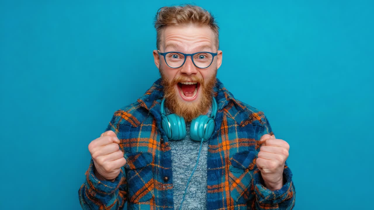 A jubilant man expresses overwhelming excitement and joy in vibrant blue attire, showcasing his enthusiasm and passion through animated gestures and a big smile
