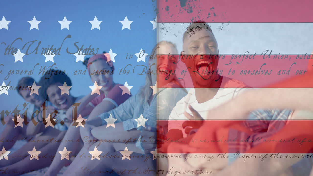 여름에 해변에서 행복한 다양한 친구들 위에 미국 발의 애니메이션