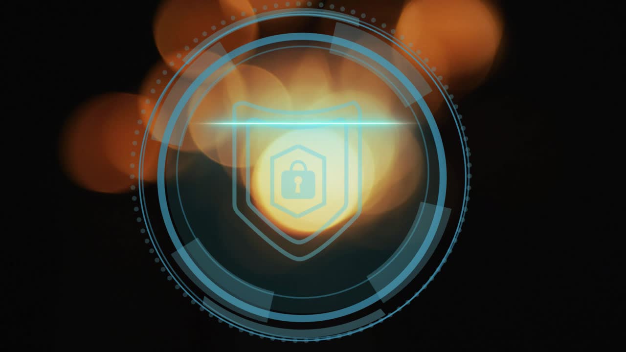 Orange bokeh starting shield showing Cyber Security rings circling lock beam pulsing for protection