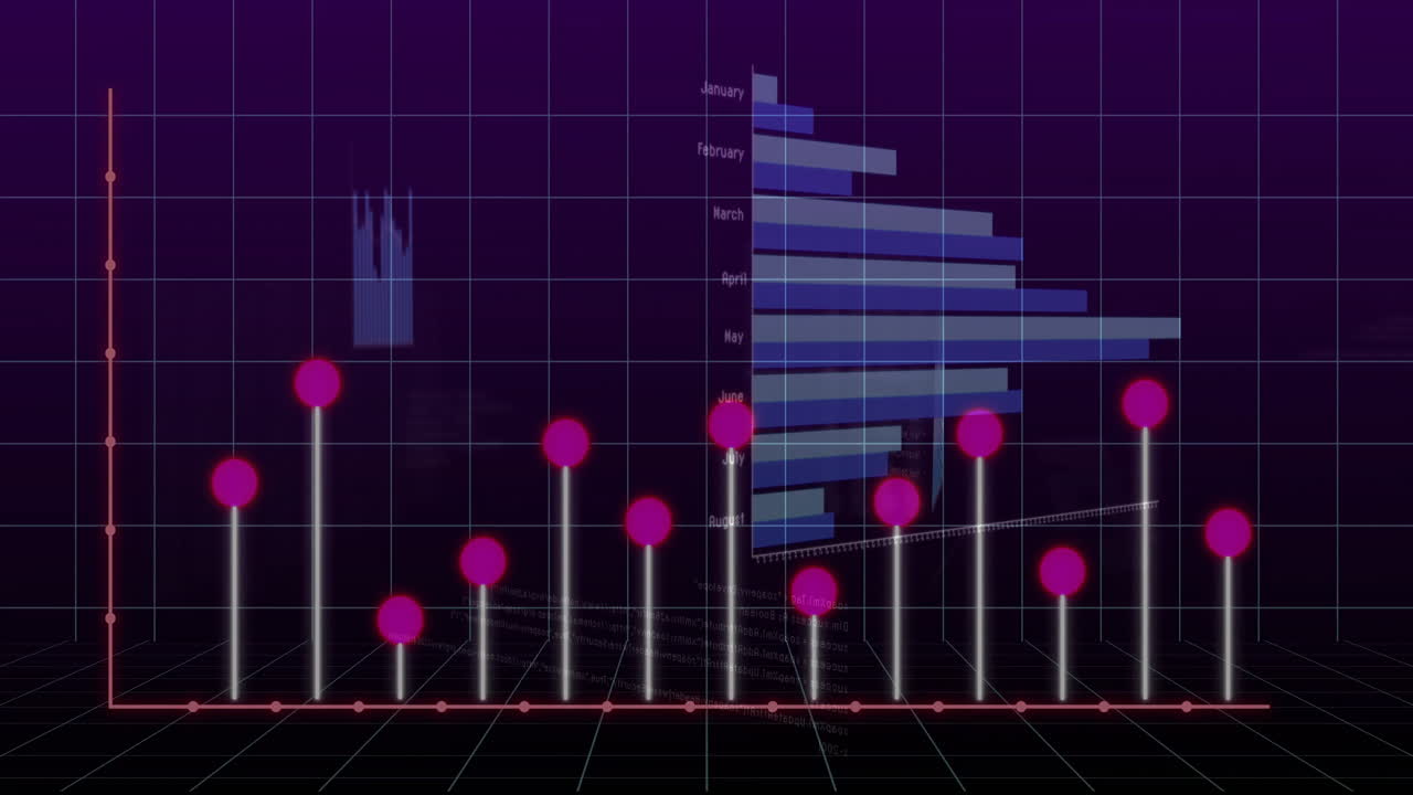 Holographic 3D data visualization showing neon dashboard, displaying glowing beams and bar charts