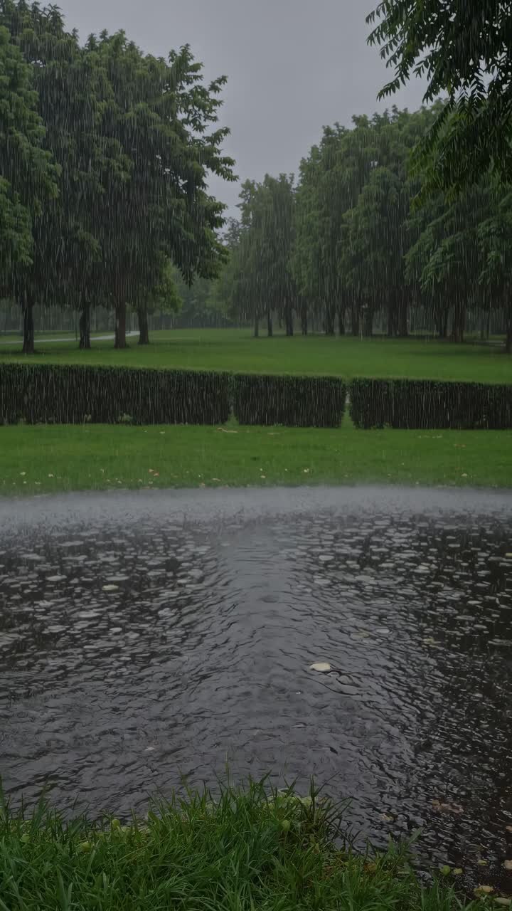 Rain Falling on a Puddle in a Green Park