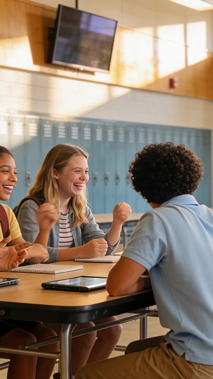 Vertical video: Laughing students sharing joke, center blonde raising fist at cafeteria, tablets