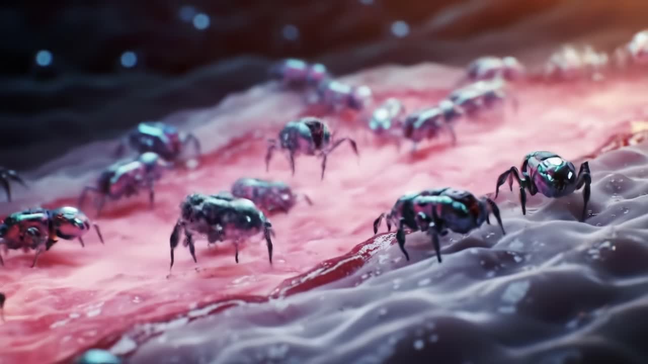 A Close-Up View of Futuristic Robotic Spiders Traversing a Glowing Surface, Capturing Intricate Details of Their Movement and Design in a Dynamic Environment