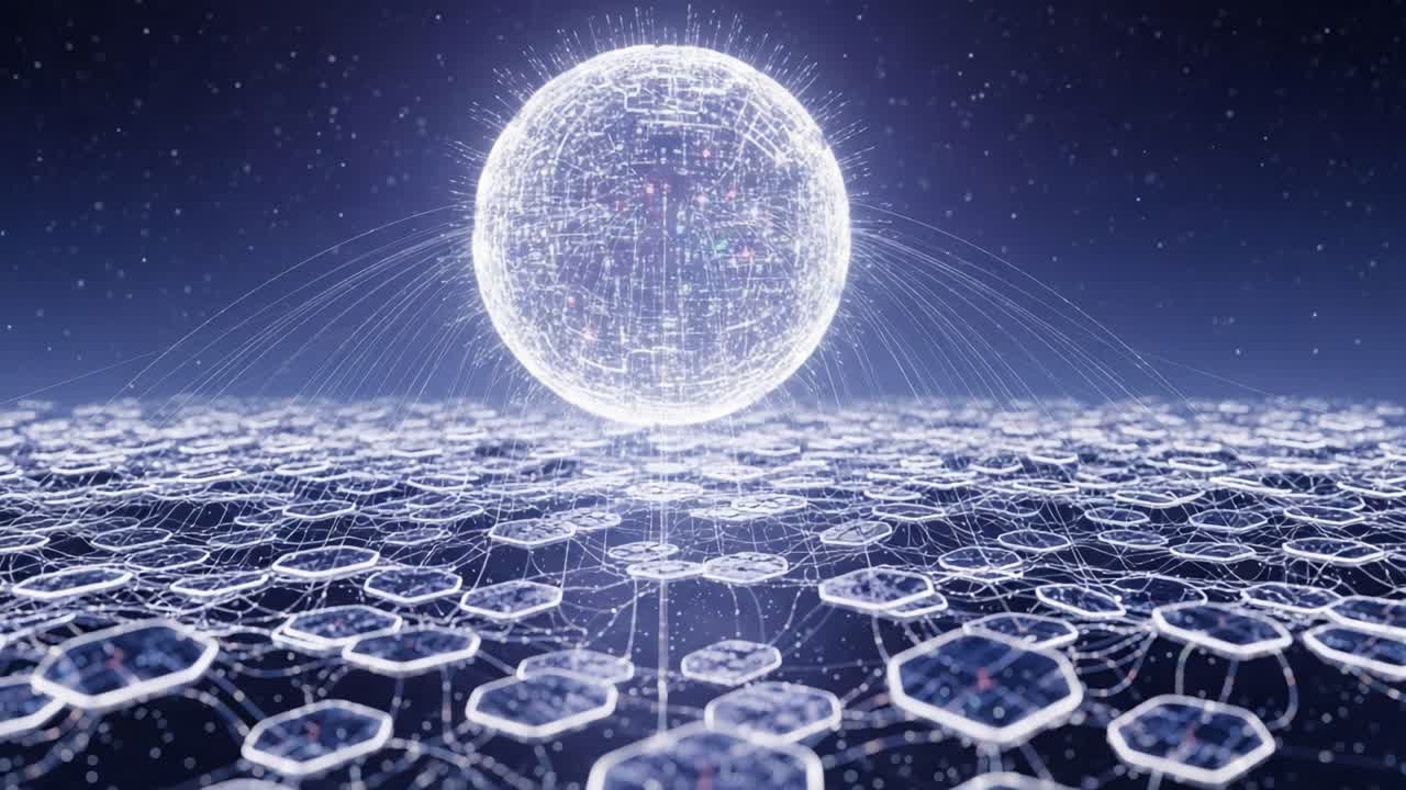 A luminous sphere surrounded by a grid of interconnected hexagons, symbolizing a digital universe filled with data and connectivity in a starry night sky