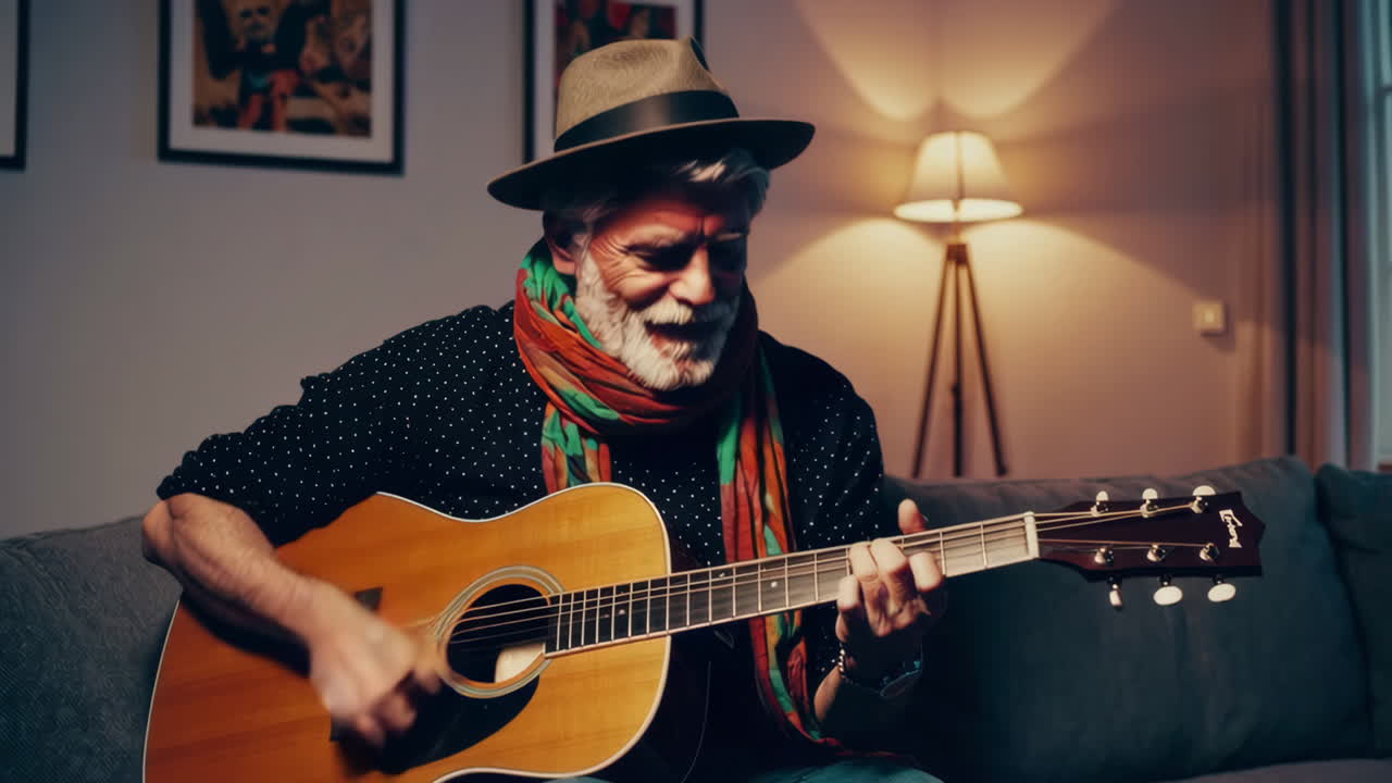 Senior man enjoying playing acoustic guitar at home