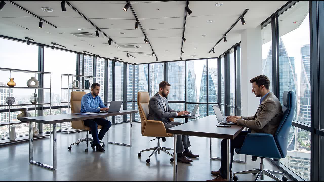 Tre professionisti che lavorano sui laptop in un ufficio in un grattacielo con vista sullo skyline