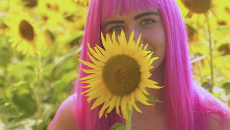 girando hacia la cámara, una hermosa mujer de cabello rosado sostiene un girasol amarillo