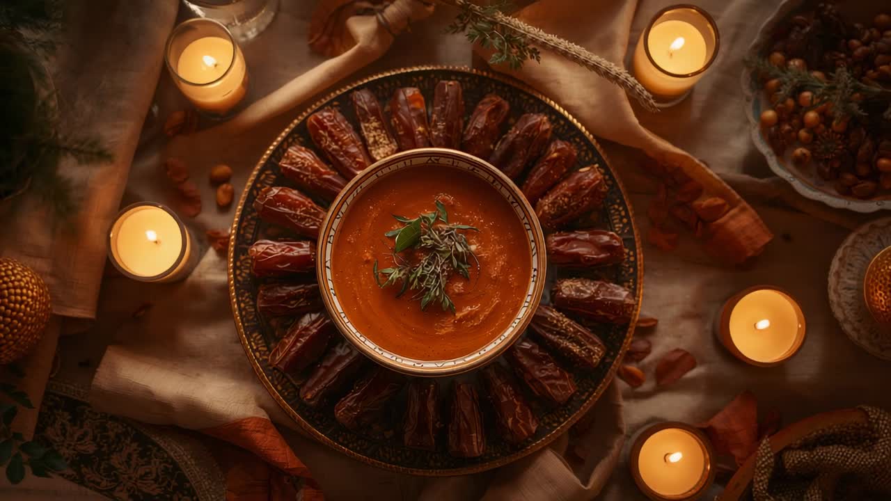 Mumlar titrerken kamera yaklaşıyor, meze ve hurma tabağına sıcak vurgular düşürüyor