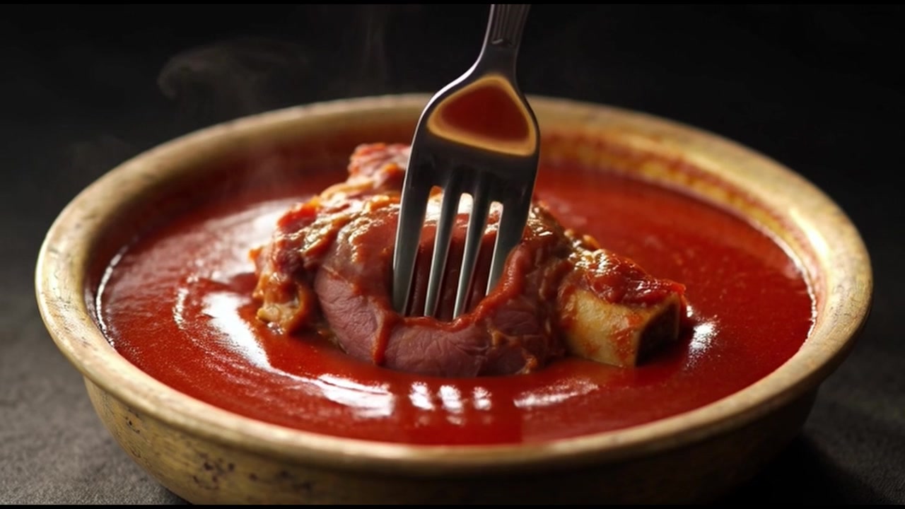 Tenedor pinchando jarrete de carne braseado tierno en salsa de tomate abundante