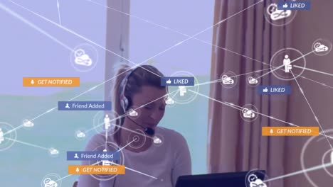 Animation-of-social-media-icons-and-network-of-connections-over-caucasian-woman-wearing-headset