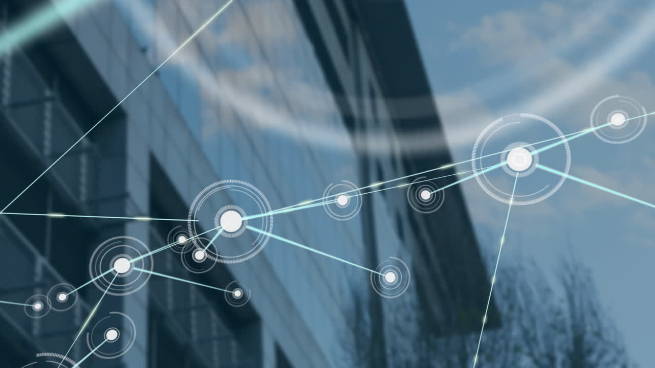 Network of connections and data points animation over modern glass building