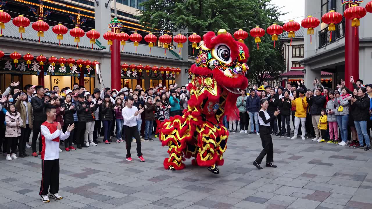 Street-level video captures a vibrant lion dance performance surrounded by a crowd