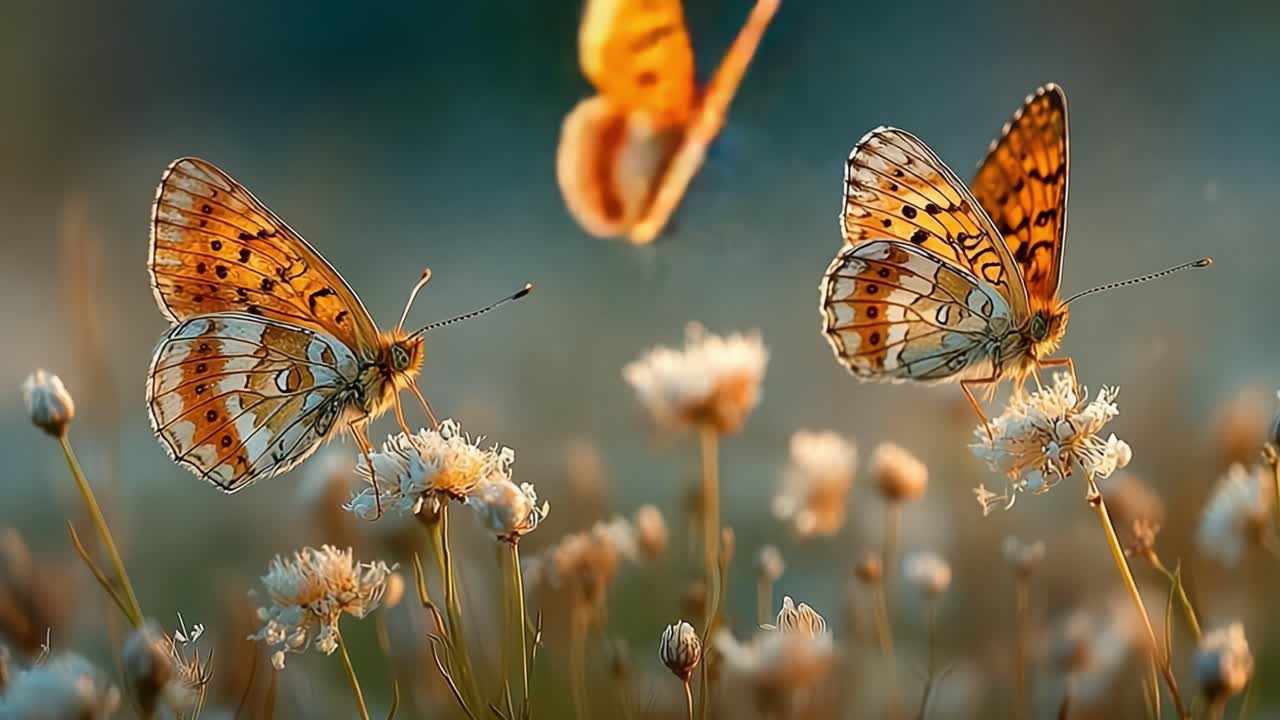 A Stunning Display of Color: Two Beautiful Butterflies Dancing Among Delicate Wildflowers in a Sunlit Meadow, Capturing the Essence of Nature's Beauty