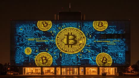 illuminated building showcases cryptocurrency technology with oversized bitcoin graphics in a stunning light display at night