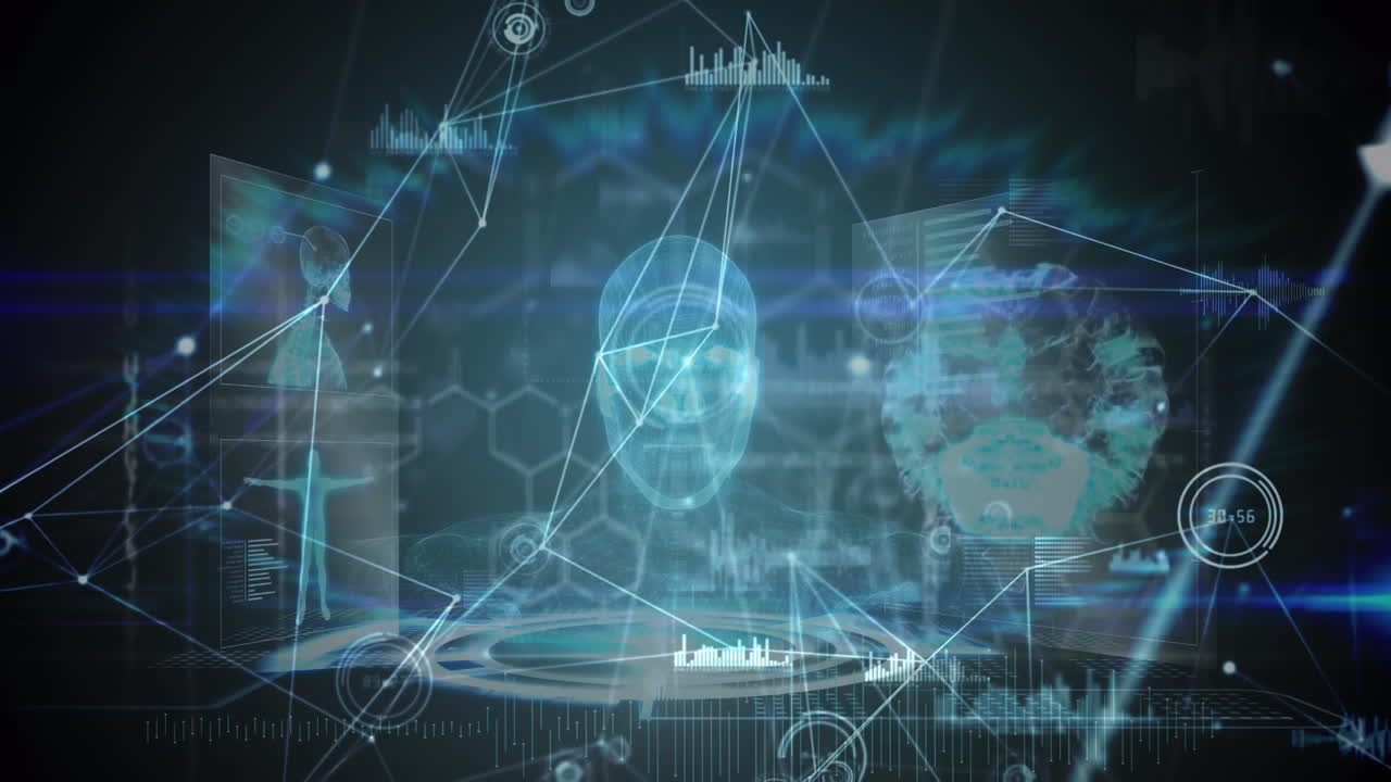 Network of connections over digital interface with medical data processing against blue background